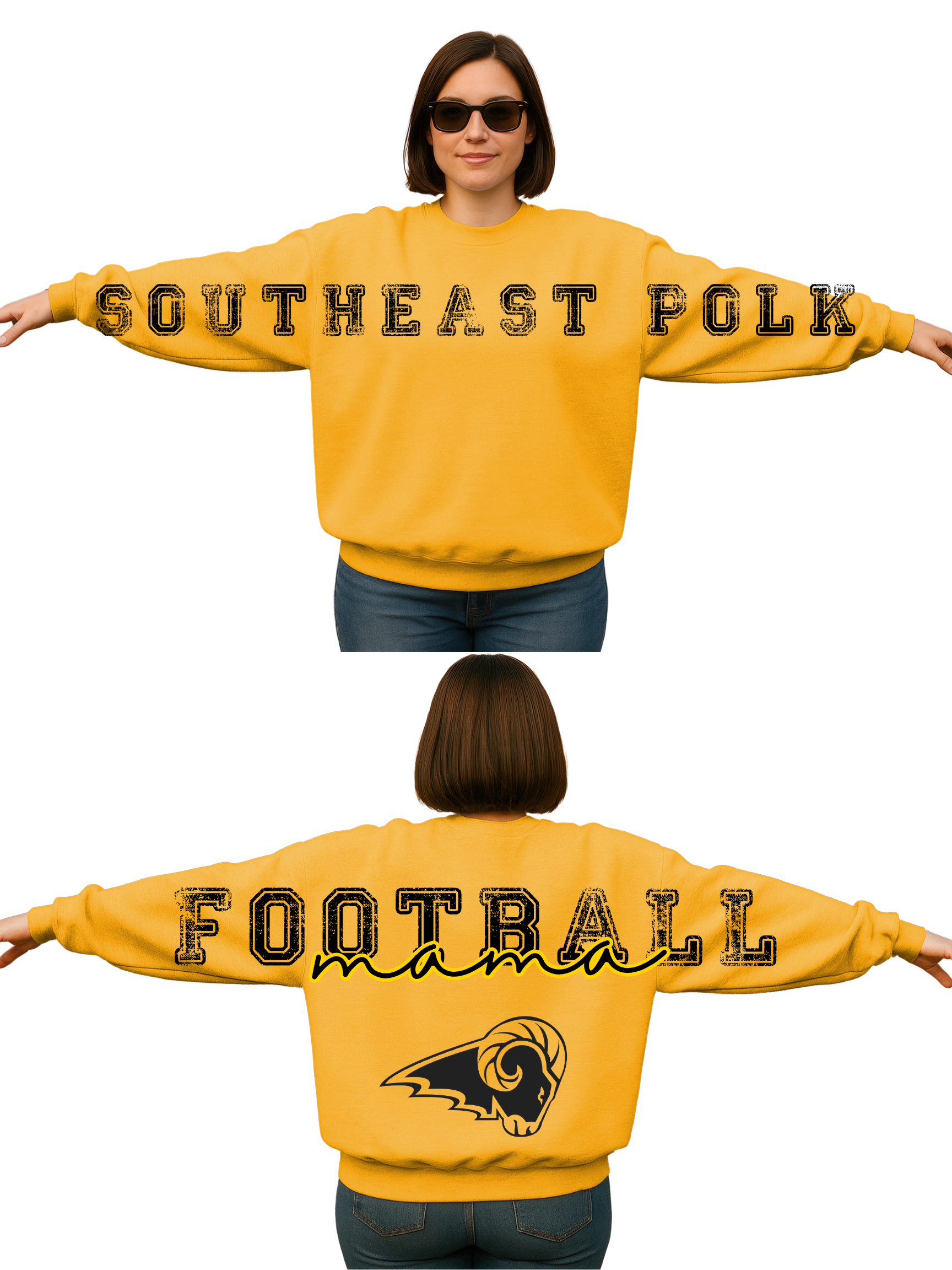 Southeast Polk Football Mama Gold w/ Logo  Unisex Crewneck w/ Large print letters on back