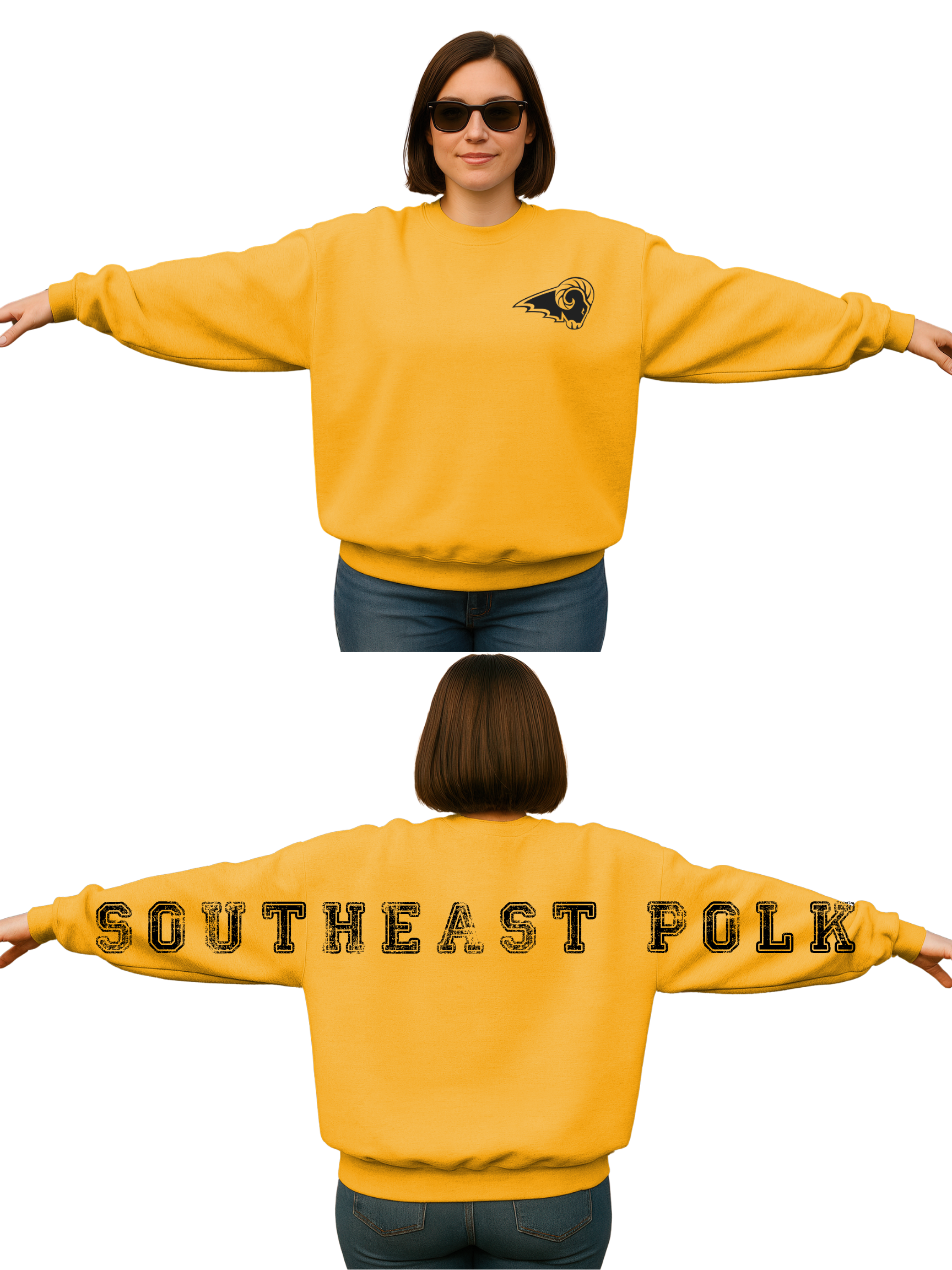 Southeast Polk Gold w/  pocket Logo  Unisex Crewneck w/ Large print letters on back